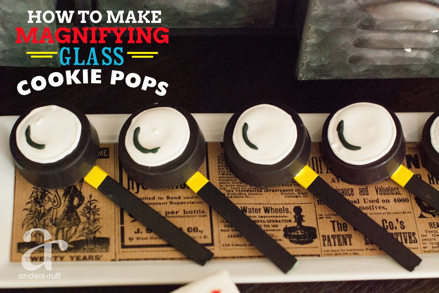 Escape Room Party: Magnifying Glass Cookie Pops tutorial from Anders Ruff Design